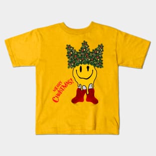 Smiley Face with Christmas Tree Hat and Christmas Stocking | Merry Xmas Kids T-Shirt